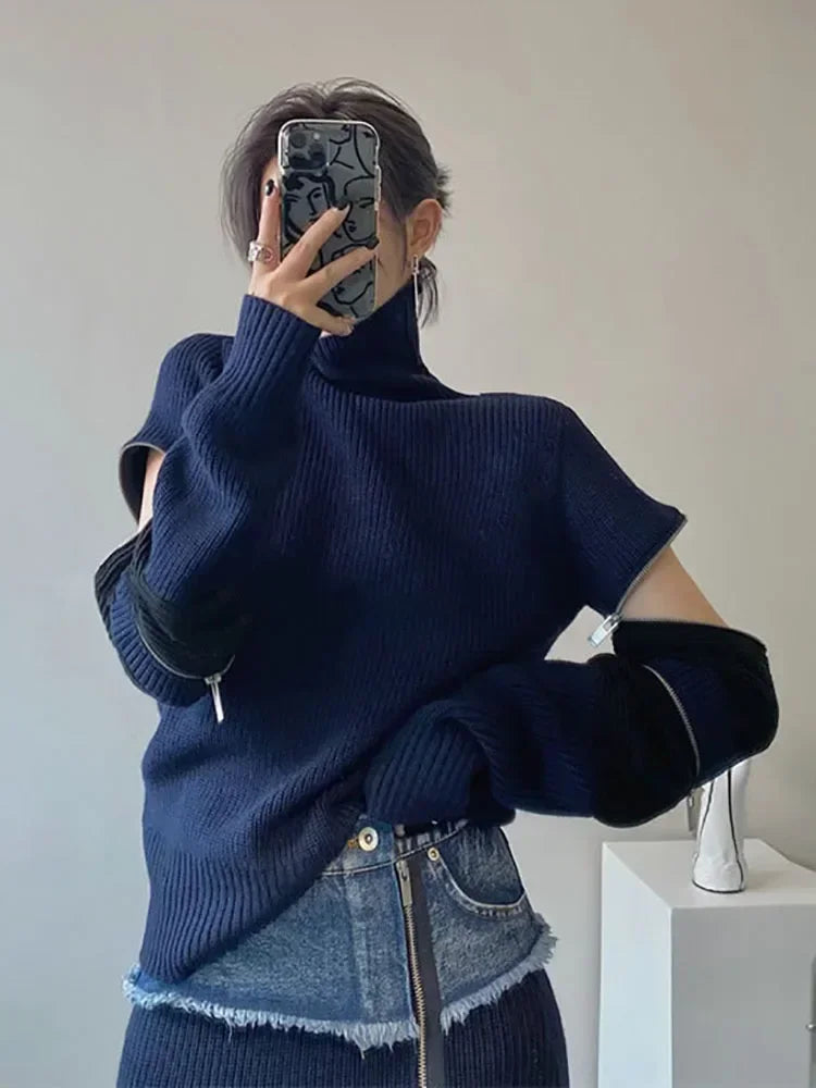 Turtleneck Zipper Detail Patchwork Navy Hollow-Out Long Sleeve Sweater + Denim Colorblock Zipper Skirt 2-Piece Set