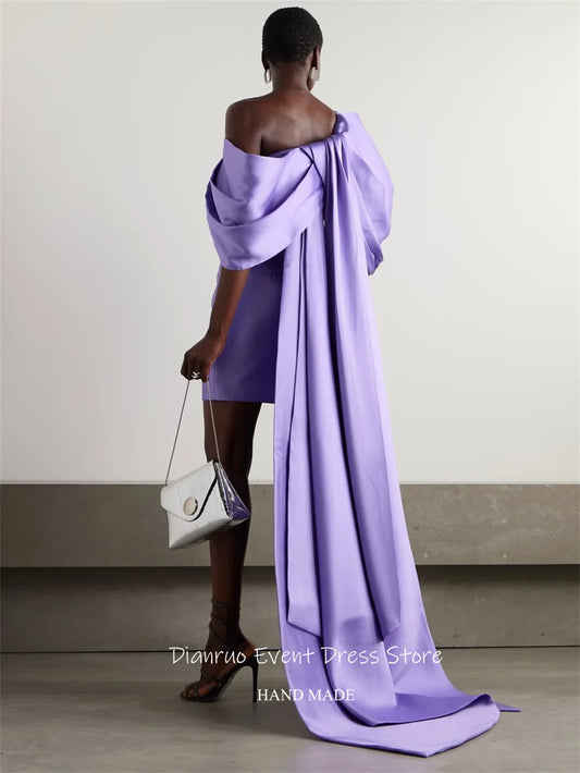 Satin Asymmetrical One Shoulder Puff Sleeve Maxi Train Design Pleated Formal Mini Party/Prom Dress to 24 Plus Size - All Custom Colors Available!