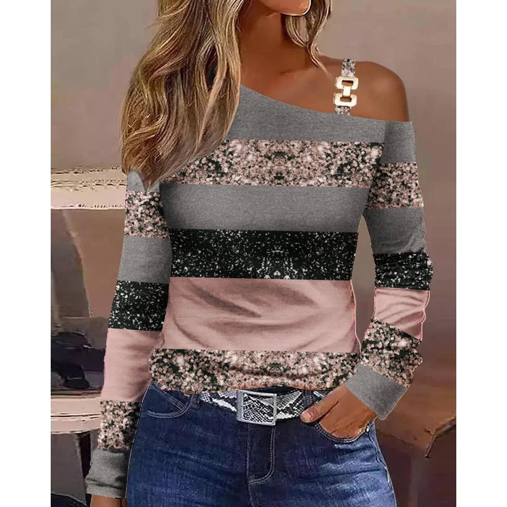 Colorblock Striped Print Cold Shoulder Women's Short & Long Sleeve Tops