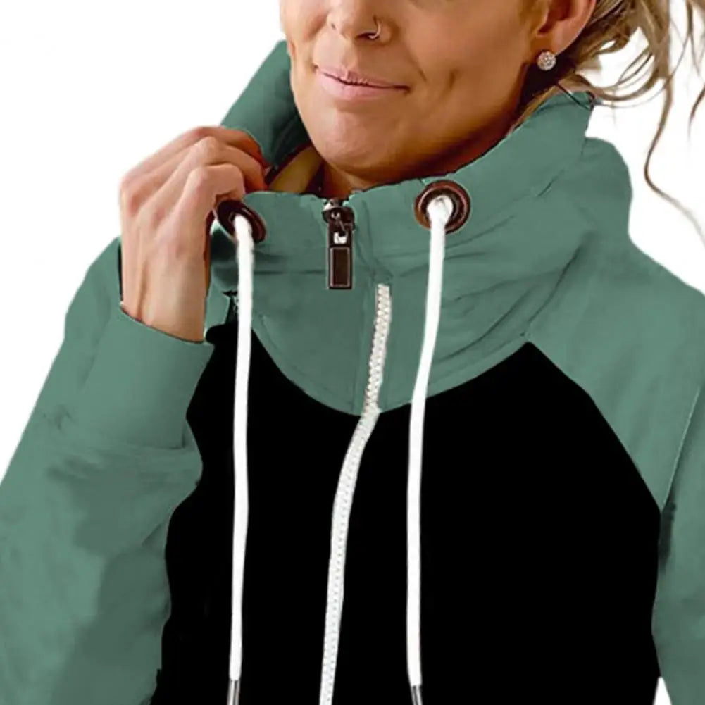 Colorblock Drawstring Thermal Patchwork Women's Zipper Fleece Hoodie Jacket to 3X Plus Size