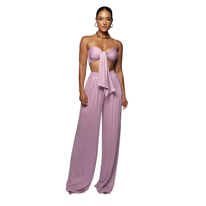 Sleeveless Bowknot Design Tube Top+ Wide Leg Pants Women's Solid Color 2-Piece Set