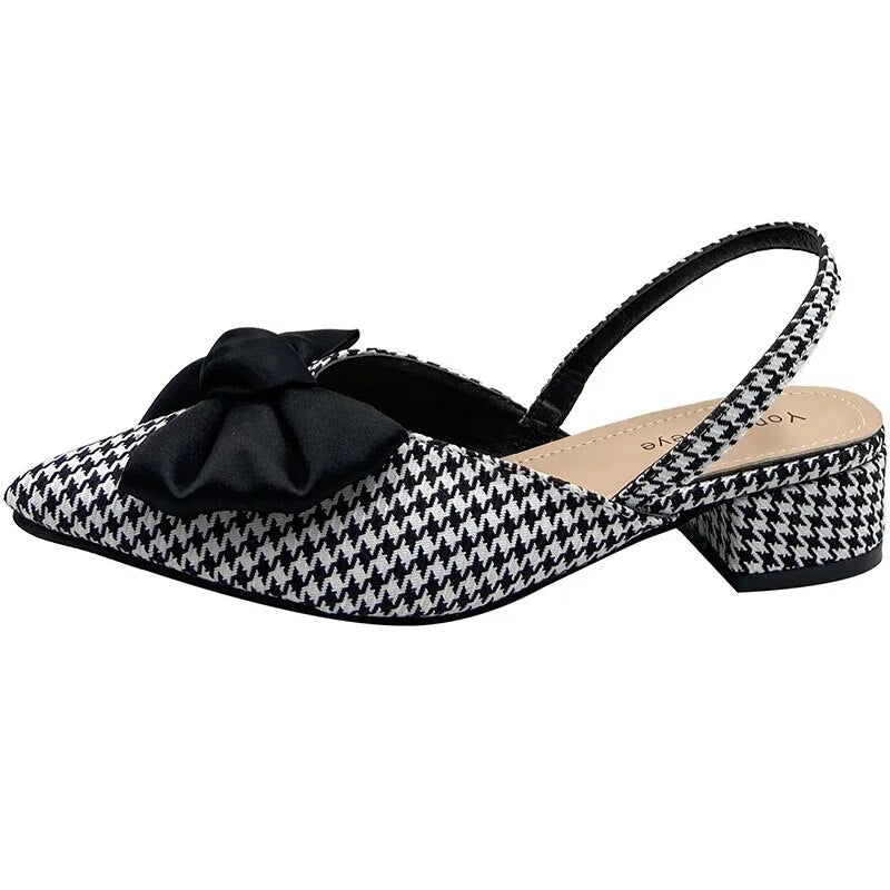 Bowtie Slingback Houndstooth/Plaid/Polka Dot Women's Pointed Low Heel Mule Flats