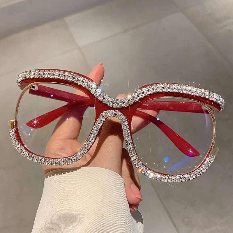 Rhinestone Crystal Decor Round Oversized Reading Eyeglasses