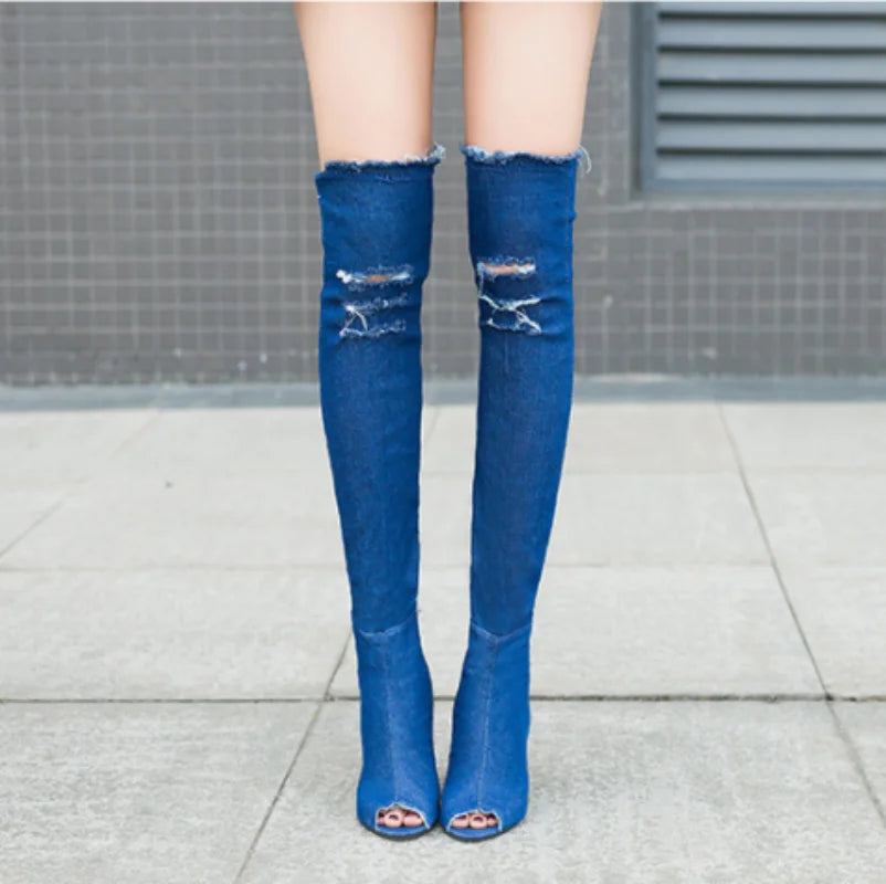 Denim Washed Ripped Solid Color Open Toe Elastic Knee-High Jean Zipper Boots