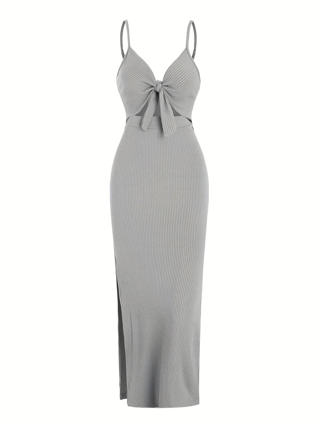Ribbed Bowknot Design Spaghetti Strap V-Neck Knitted Sleeveless Solid Color High Slit Maxi Dress