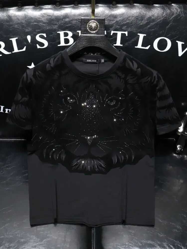 Rhinestone Green/Black Tiger Print Men's O-Neck Short Sleeve T-Shirt to 7X Big & Tall