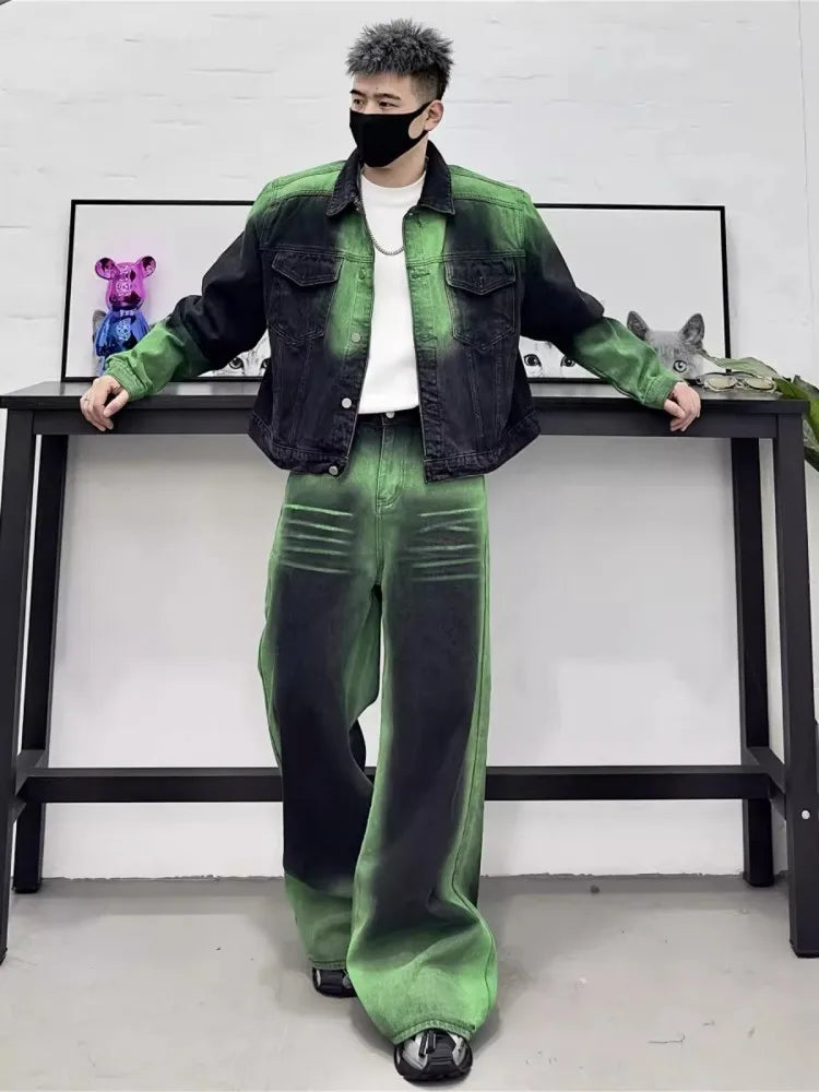 Men's Denim Green/Black Colorblock Loose Cowboy Jean Jacket + Wide Leg Jeans 2-Piece Set