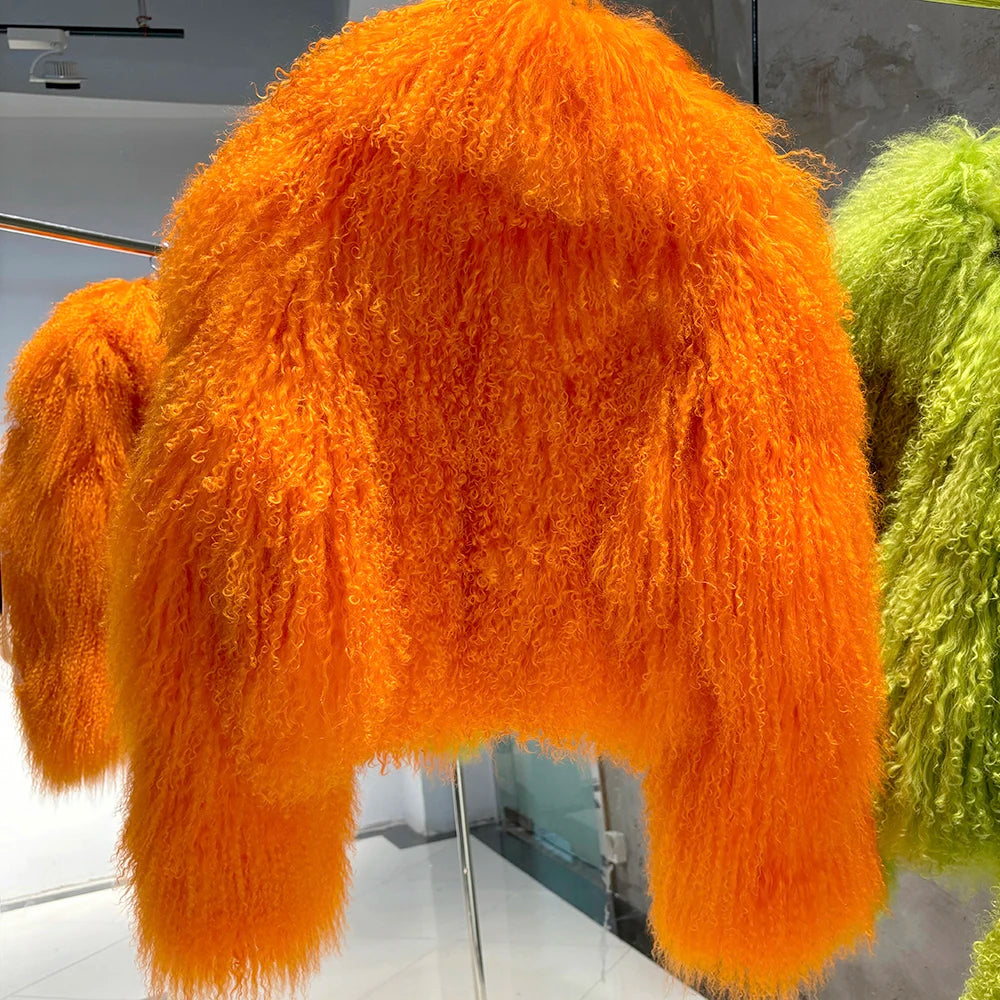 Shaggy Mongolia Sheep Fur Oversized Collar Women's Jacket to 8X Plus Size