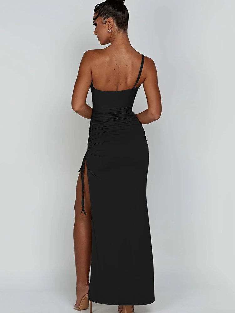 Asymmetrical Ruched One Shoulder Solid Color Drawstring High Slit Bodycon Maxi Dress