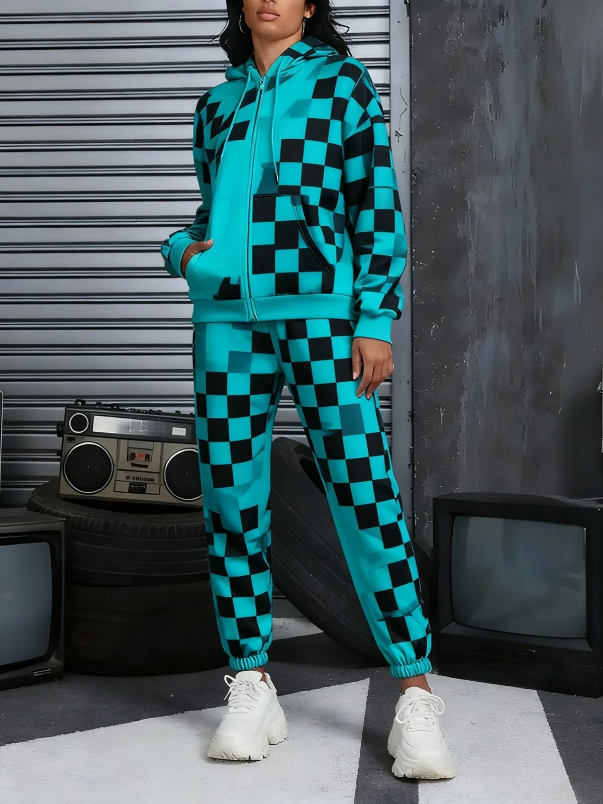 Drawstring Plaid Checker Colorblock/Houndstooth Print Women's Zipper Hoodie Jacket + Sweatpants Tracksuit