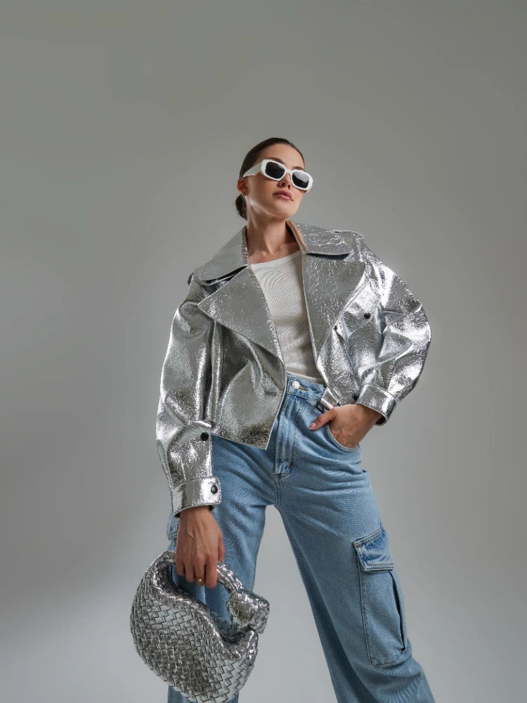 Silver/Gold Metallic Puff Sleeve Oversized Women's Loose PU Leather Streetwear Motorcycle/Biker Jacket