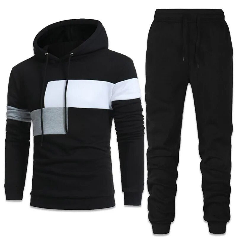 Men's Patchwork Colorblock Striped Hooded Sweatshirt + Sweatpants Tracksuit