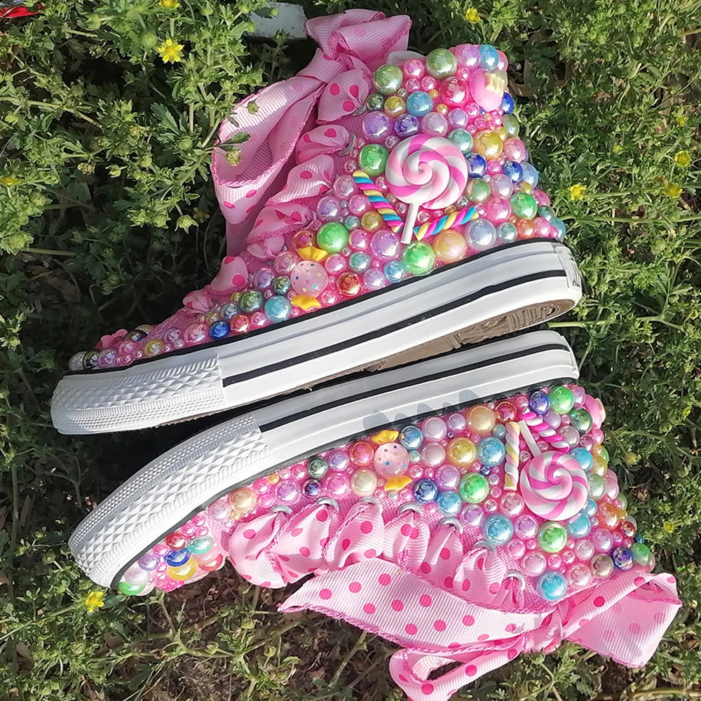 Embellished  Handmade Pearl Pink Rhinestone Bling Candy Canvas Women & Girl's Sneakers