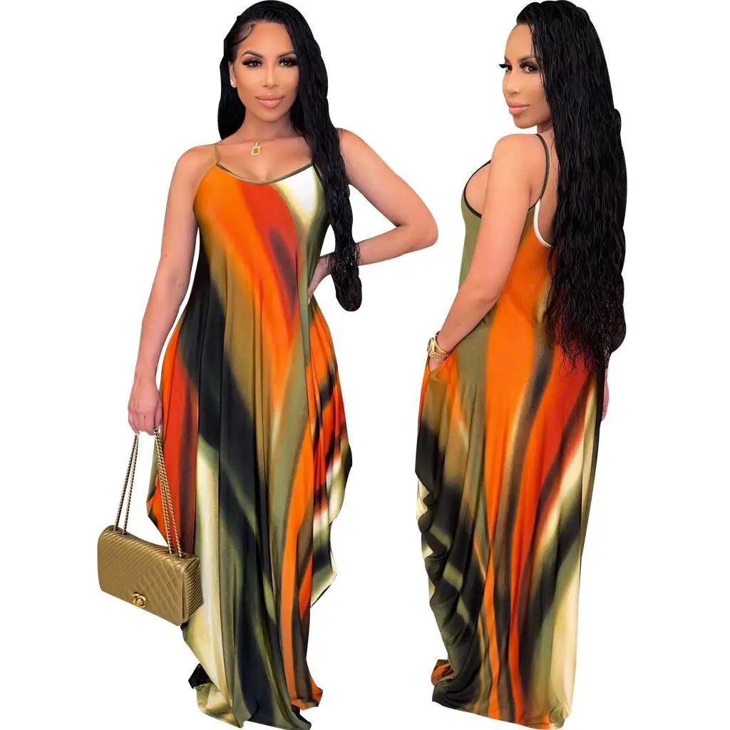 Rainbow Striped Colorblock Ruffled Sleeveless V-Neck Harem Maxi Dress