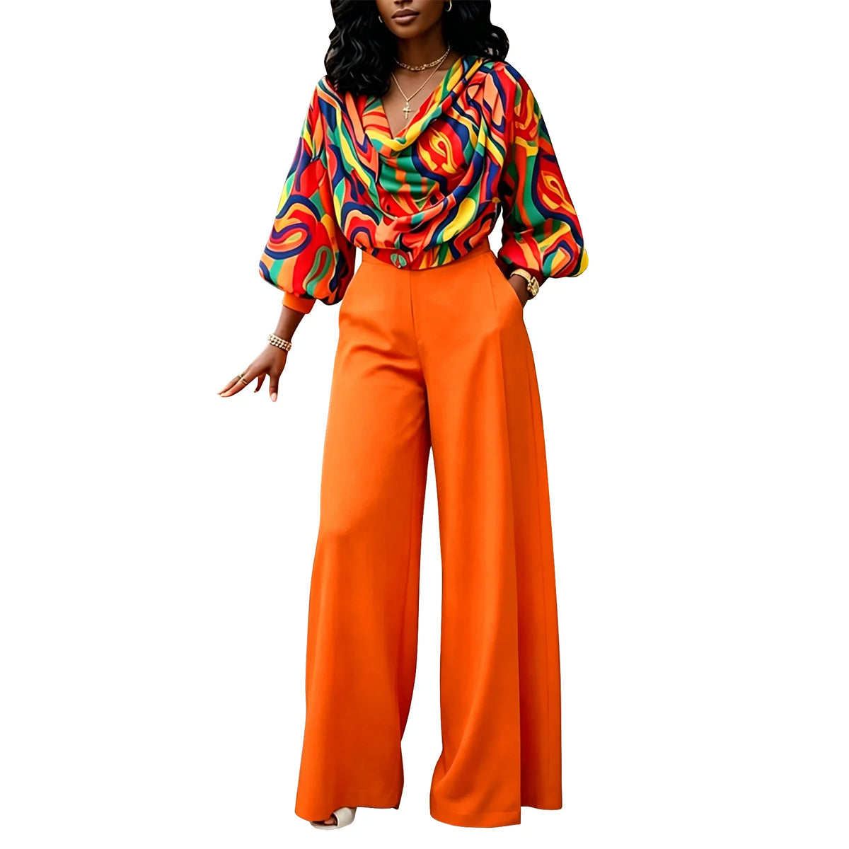 Geometric Print Women's Long Sleeve Top + Solid Color Pants Set to 5X Plus Size