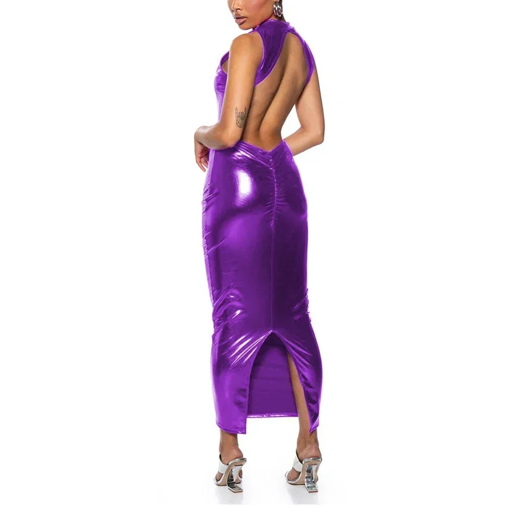 Shiny PU Leather Metallic Backless Sleeveless High Back Slit Bodycon Formal Maxi Party Dress to 3X Plus Size