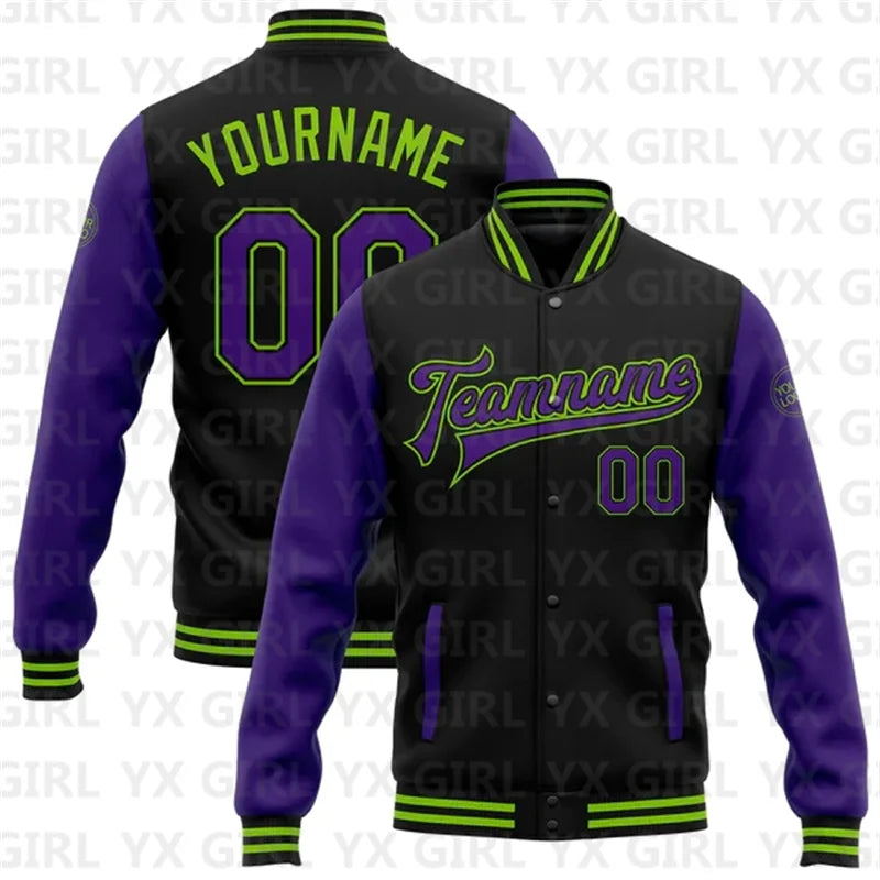 Customized Unisex  2-Tone Colorblock Personalized Black/Purple/Teal/Full-Snap Letterman Baseball Button Varsity Bomber Jacket