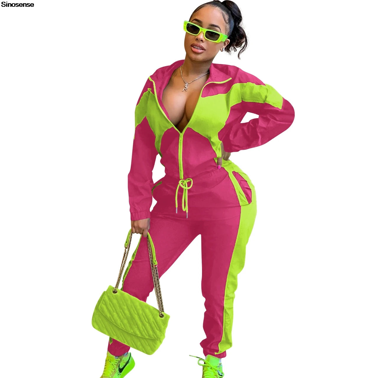 Women's Turn-Down Colorblock Zipper Jacket + Elastic Waist Sweatpants Tracksuit