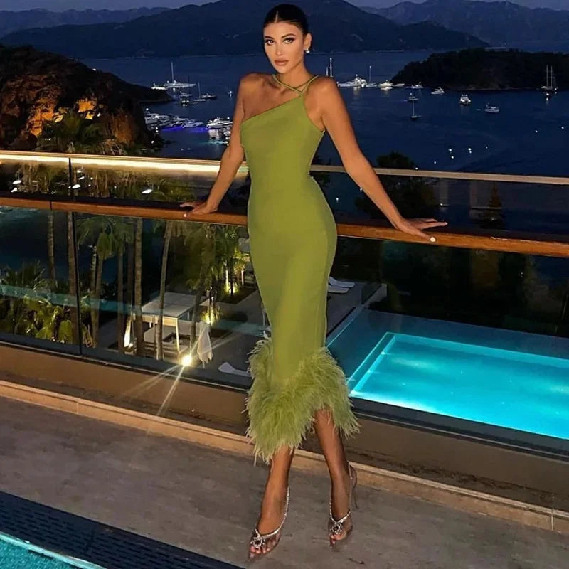 Asymmetrical One Shoulder Triangular Faux Feather Hem Sleeveless Solid Color Party Formal Dress