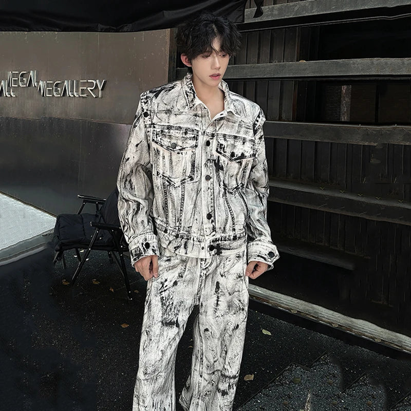 Men's White/Black Tie-Dye Print High Street Denim Pocket Design Jean Jacket + Wide Leg Cargo Jeans 2-Piece Set