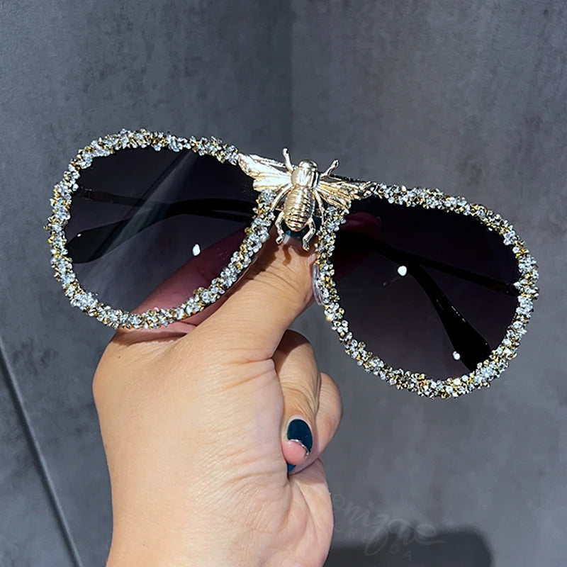 Glitter Rhinestone Iced-Out Gold Bee Metal Frame Unisex Sunglasses