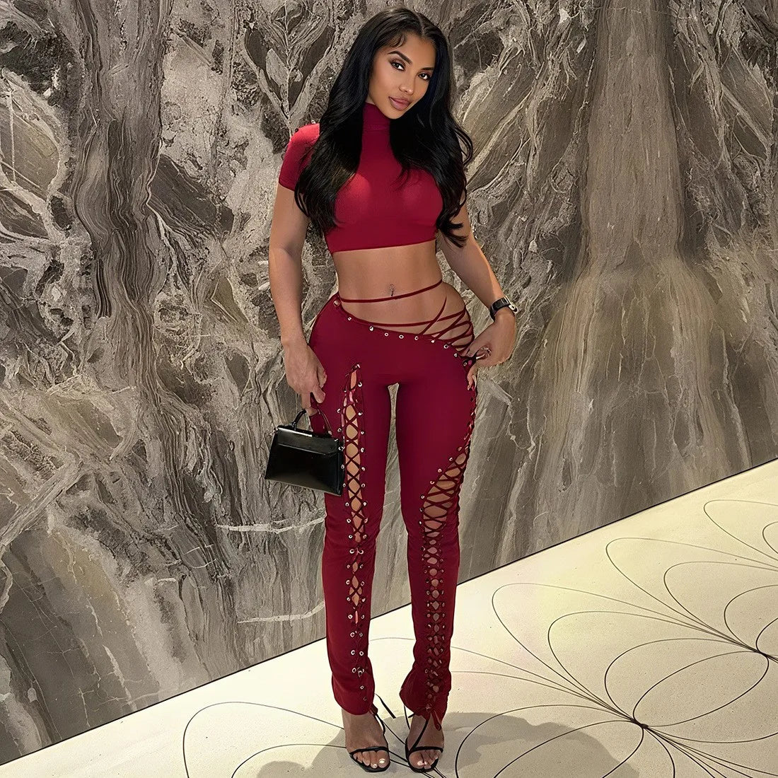 Sexy Women's Sleeveless Crop Tank Top + Criss-Cross Lace-Up Hollow-Out Bandage Leggings 2-Piece Set