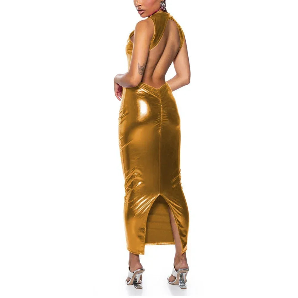 Shiny PU Leather Metallic Backless Sleeveless High Back Slit Bodycon Formal Maxi Party Dress to 3X Plus Size
