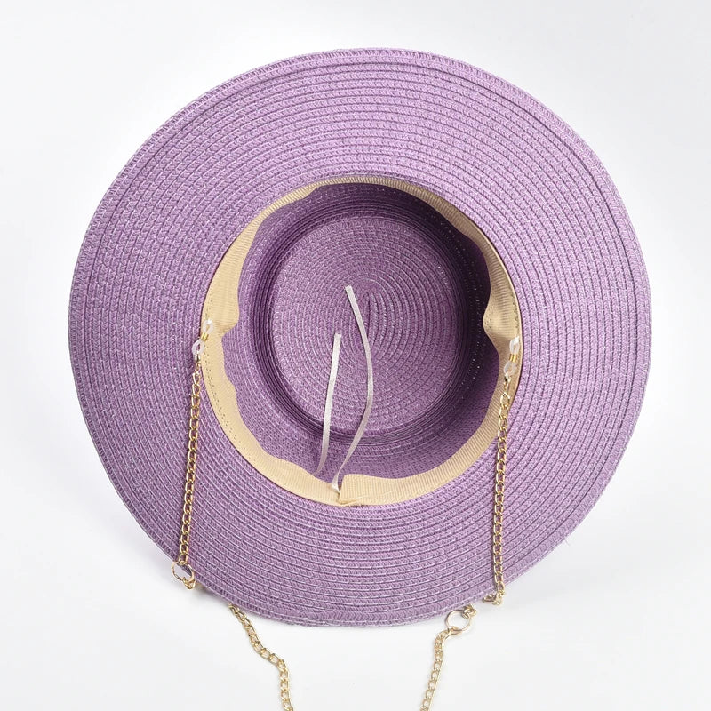 Straw Gold Chain Women's Ribbon Decor Fedora Hat