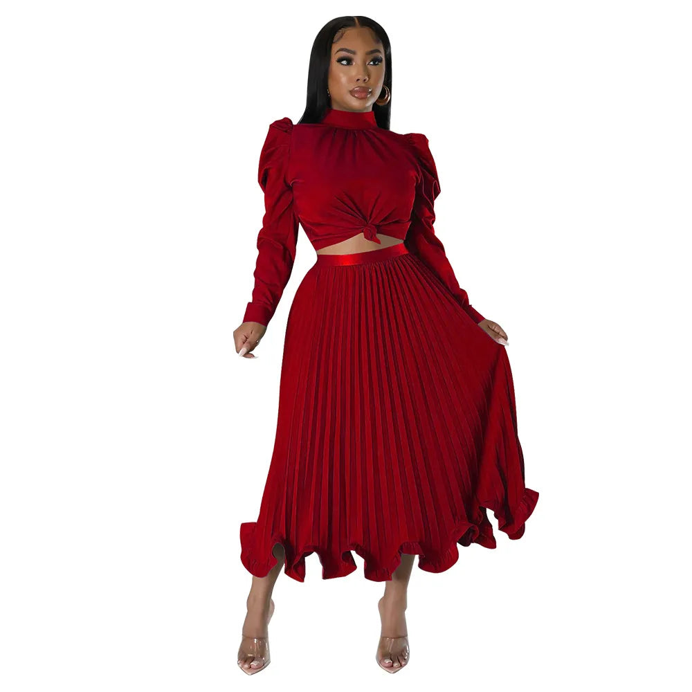 Women’s Solid Color O-Neck Lantern Sleeve Blouse + A-Line Flounce Formal Pleated Maxi Skirt w/ Sash Belt 2-Piece Set