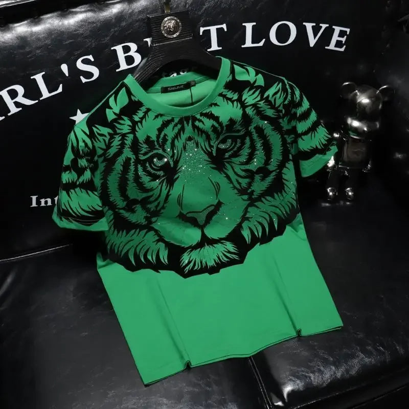 Rhinestone Green/Black Tiger Print Men's O-Neck Short Sleeve T-Shirt to 7X Big & Tall