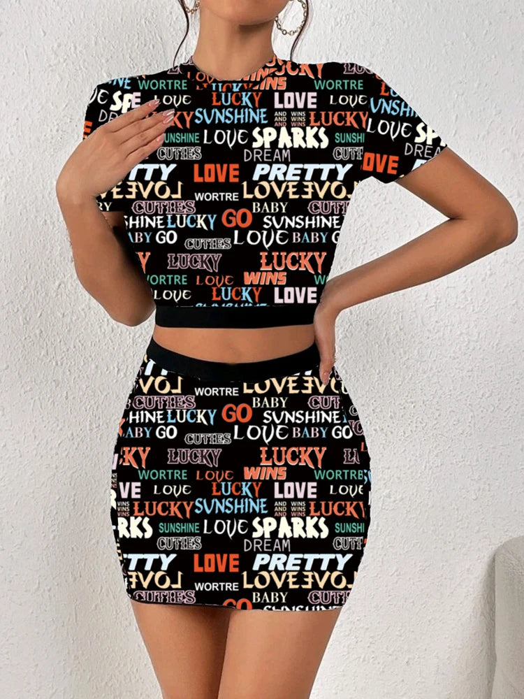 Houndstooth/Plaid Checker/Letter Print Short Sleeve Crop Top + Elastic Waist Mini Skirt 2-Piece Set