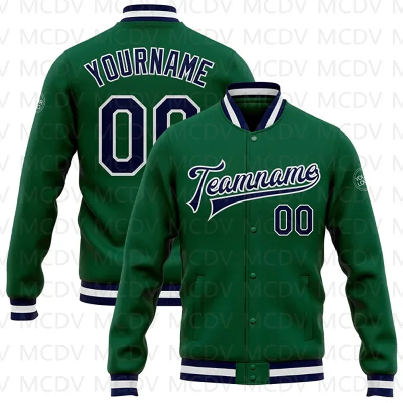 Customized Green Pink-White 3D Name  Letter Print Full-Snap Varsity Letterman Baseball Bomber Jacket