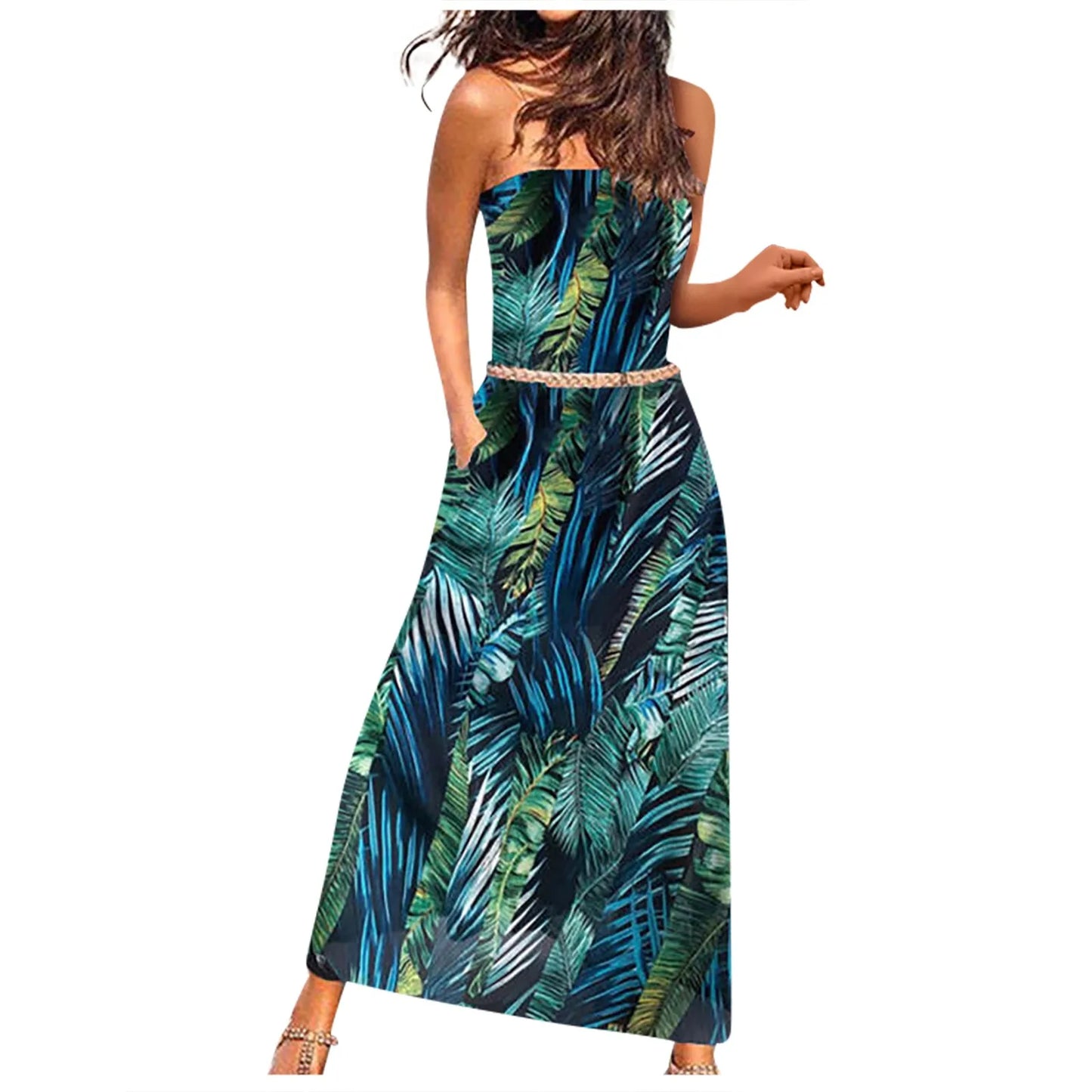 Asymmetrical Chiffon Sleeveless One Shoulder Strapless Loose Floral Print Maxi Dress