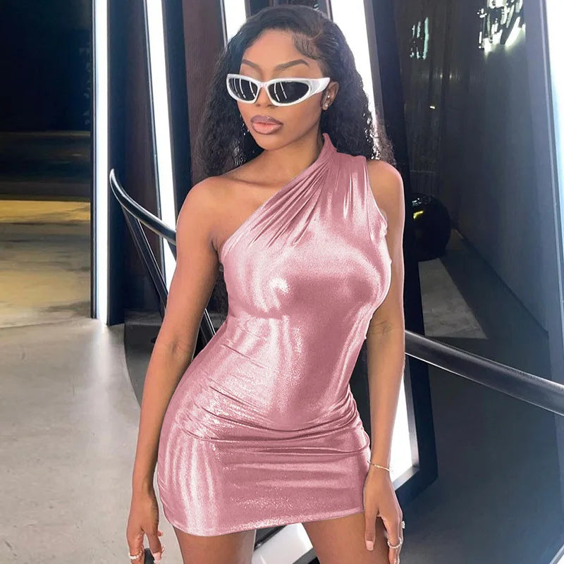 Asymmetrical Faux Leather Metallic/Solid Color One Shoulder Ruched Bodycon Skinny Mini Club Dress