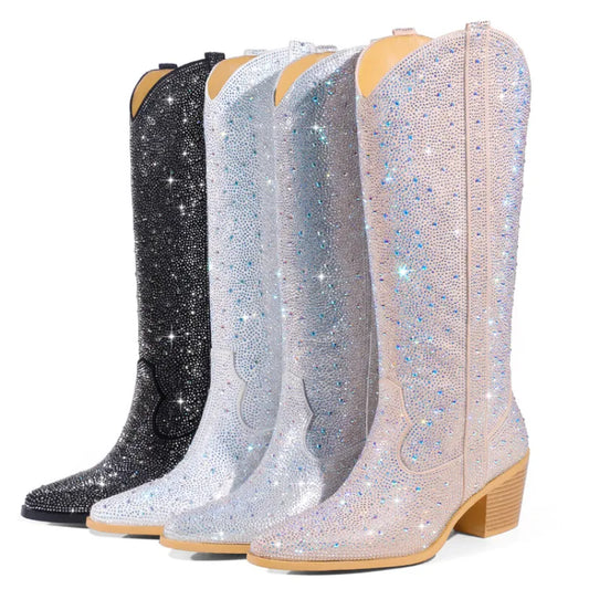 Embroidered Rivet Rhinestone Pointed Leather Stitching Chelsea Boots