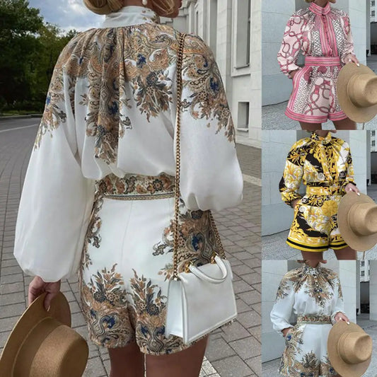 Temperament Baroque Print Designer Women's Single Breasted Blouse + Shorts 2-Piece Set