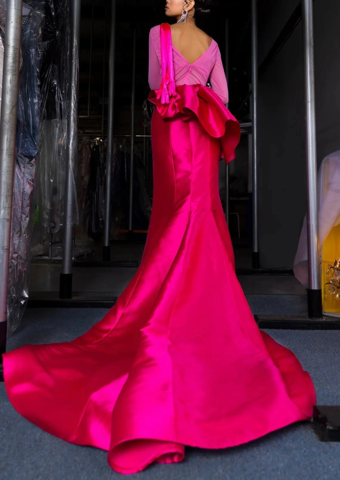 Satin Hot Pink High Waist Ruffled Prom Custom Made Sweep Train Bridesmaid/Prom Floor-Length Skirt