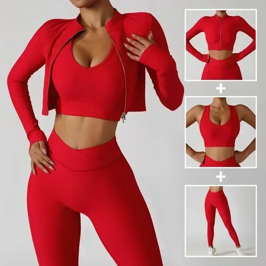 Gym Workout Women's 3-Piece Activewear Set: Cropped Long Sleeve Zipper Jacket, Sports Bra + Push Up Leggings