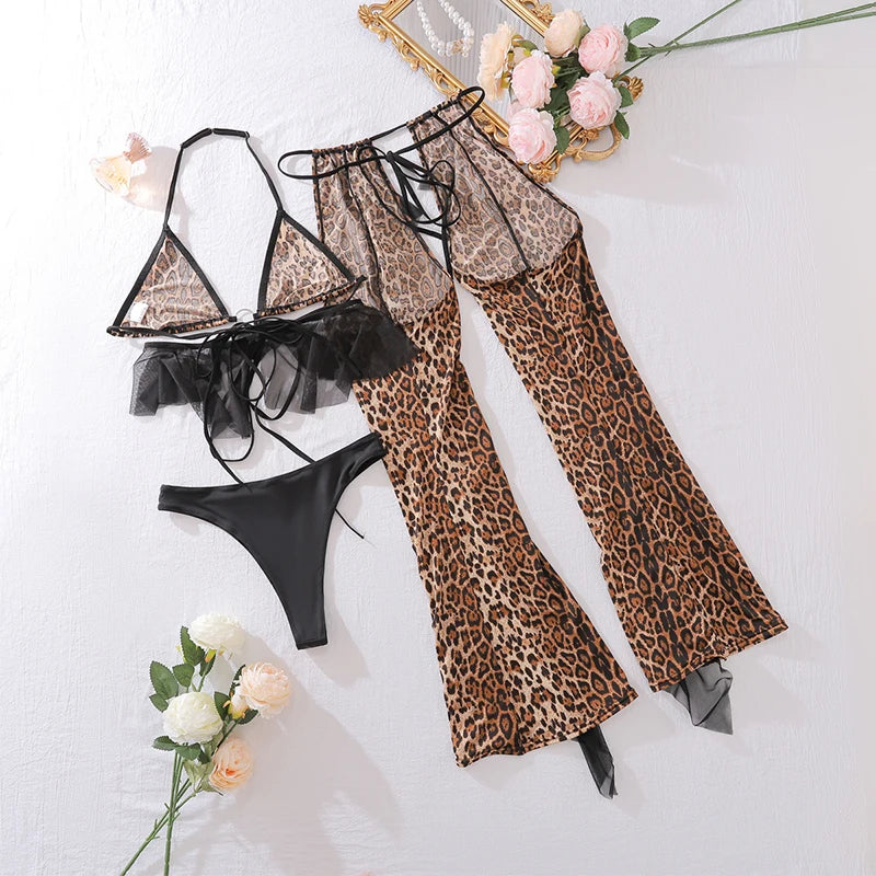 Sexy Leopard Print Mesh Transparent Ruffled Bikini Top, Bikini Bottoms, Tassel Fringe Leggings Women's 3-Piece Swimwear Set