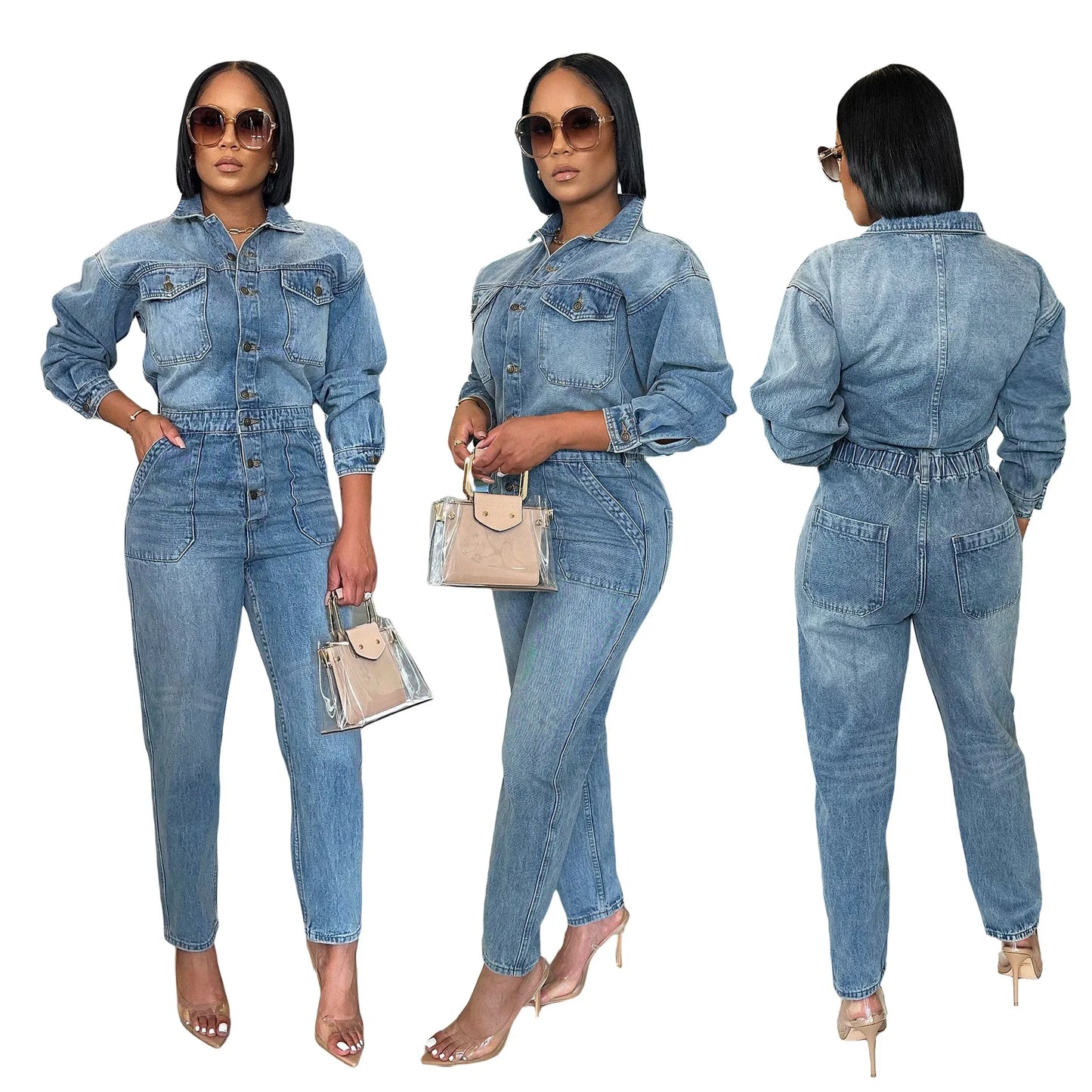 Denim Light Blue Faded Washed Turn-Down Collar Long Sleeve Single Breasted Skinny Romper Jean Jumpsuit