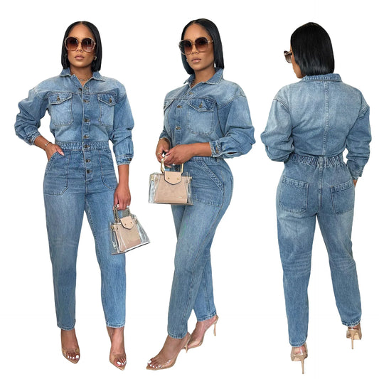 Denim Light Blue Faded Washed Turn-Down Collar Long Sleeve Single Breasted Skinny Romper Jean Jumpsuit