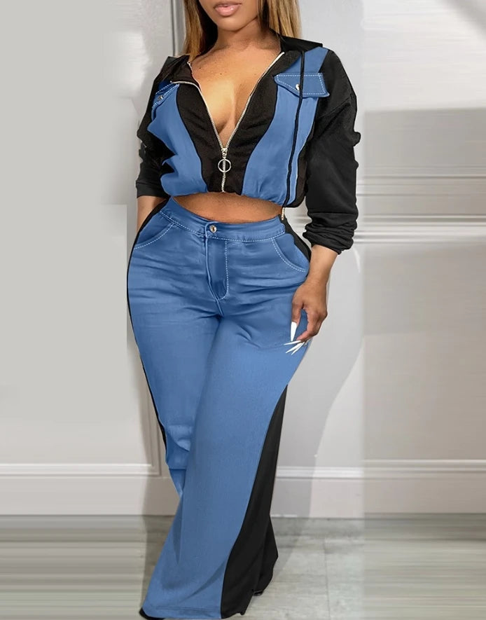 Patchwork Blue/Black Women's Colorblock Zipper Hoodie Jacket + High Waisted Pants 2-Piece Set