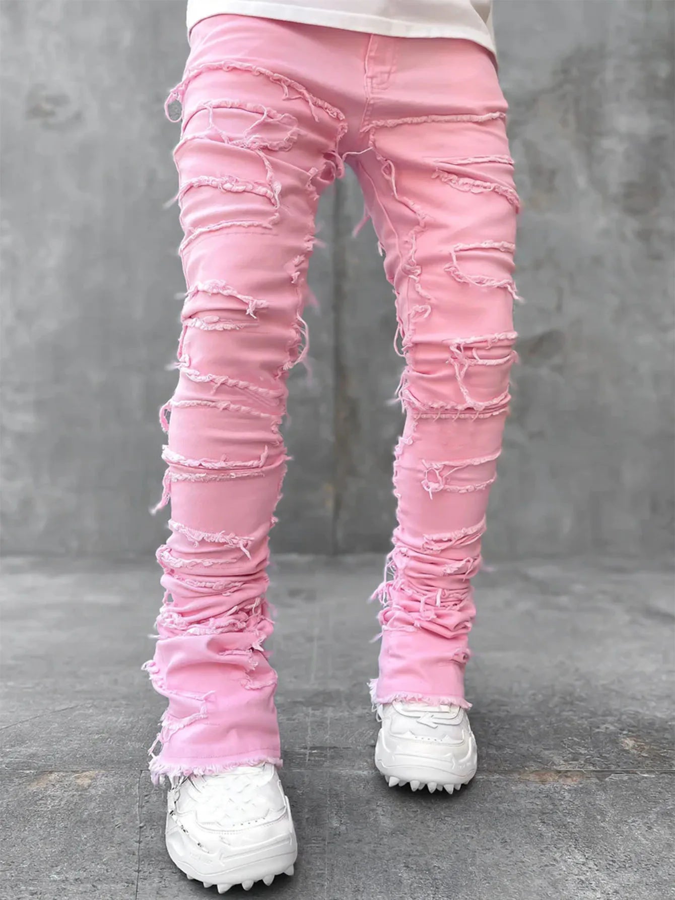 Men's Denim Fringe Ripped Hip-Hop Stretch Stacked Elastic Waist Straight Patchwork Jeans