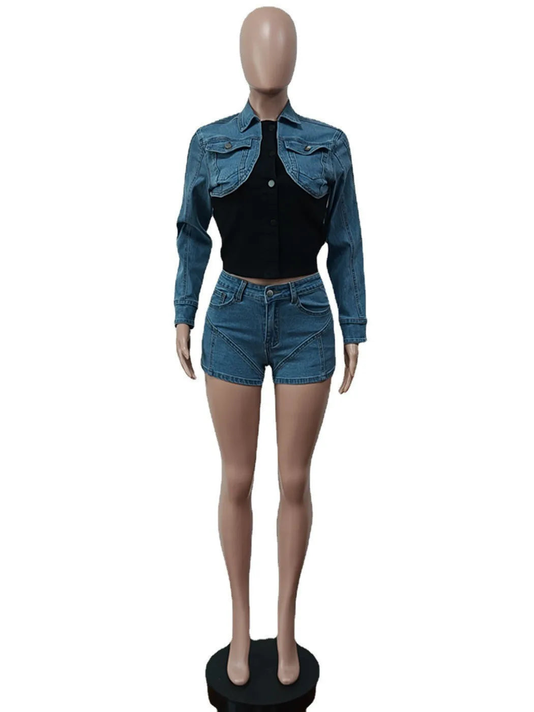 Denim Ladies Cropped Jean Jacket + Mini Jean Shorts 2-Piece Set