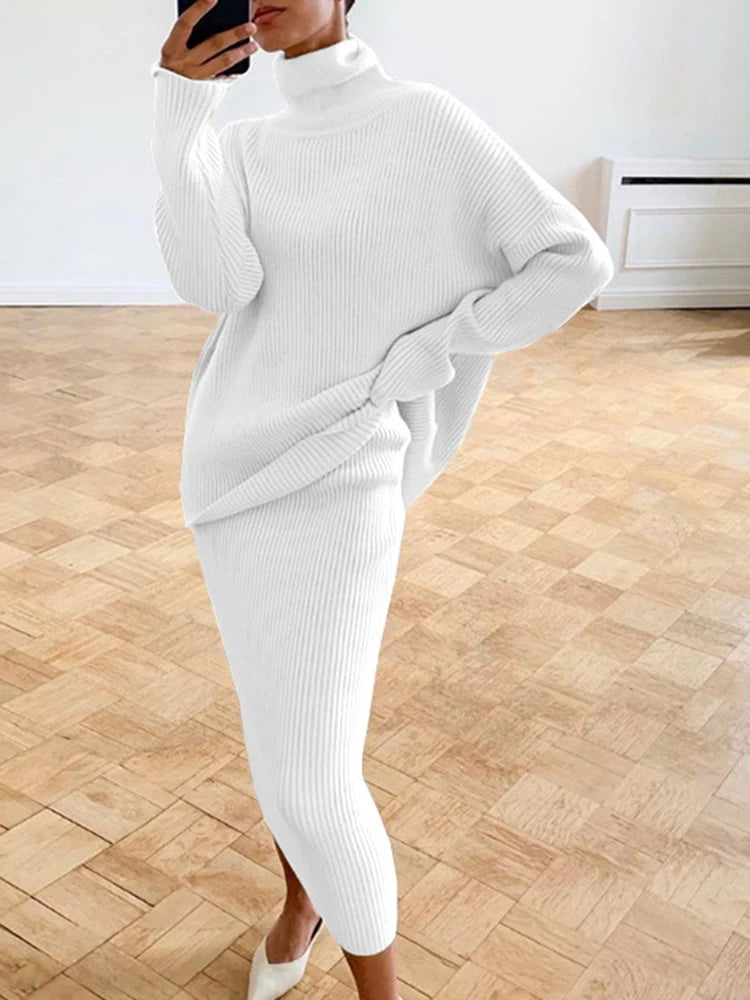 Turtleneck Pullover Ladies Sweater + Knitted Matching Midi Skirt 2-Piece Sweater Set to 5X Plus Size