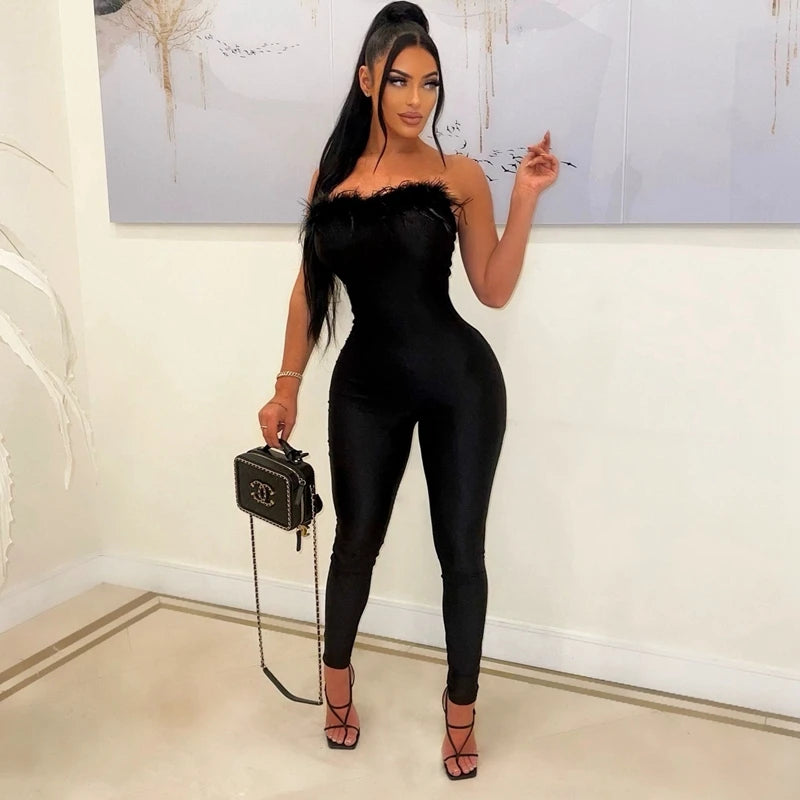 Feather Trim Solid Color Sleeveless Bodycon Bandage Tube Skinny  Women's Jumpsuit