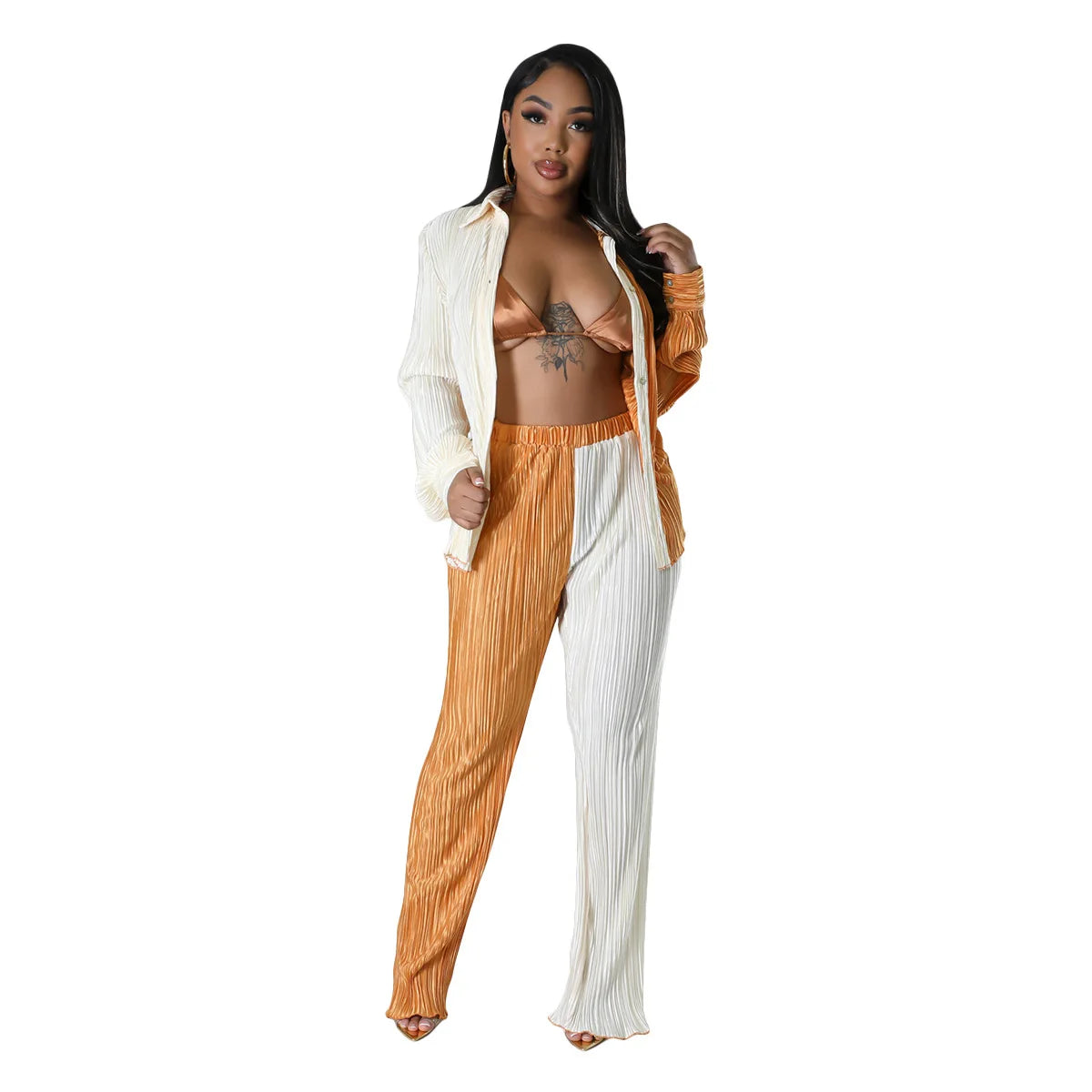 Colorblock Pleated Women's Oversized Blouse + Wide Leg Pants 2-Piece Set