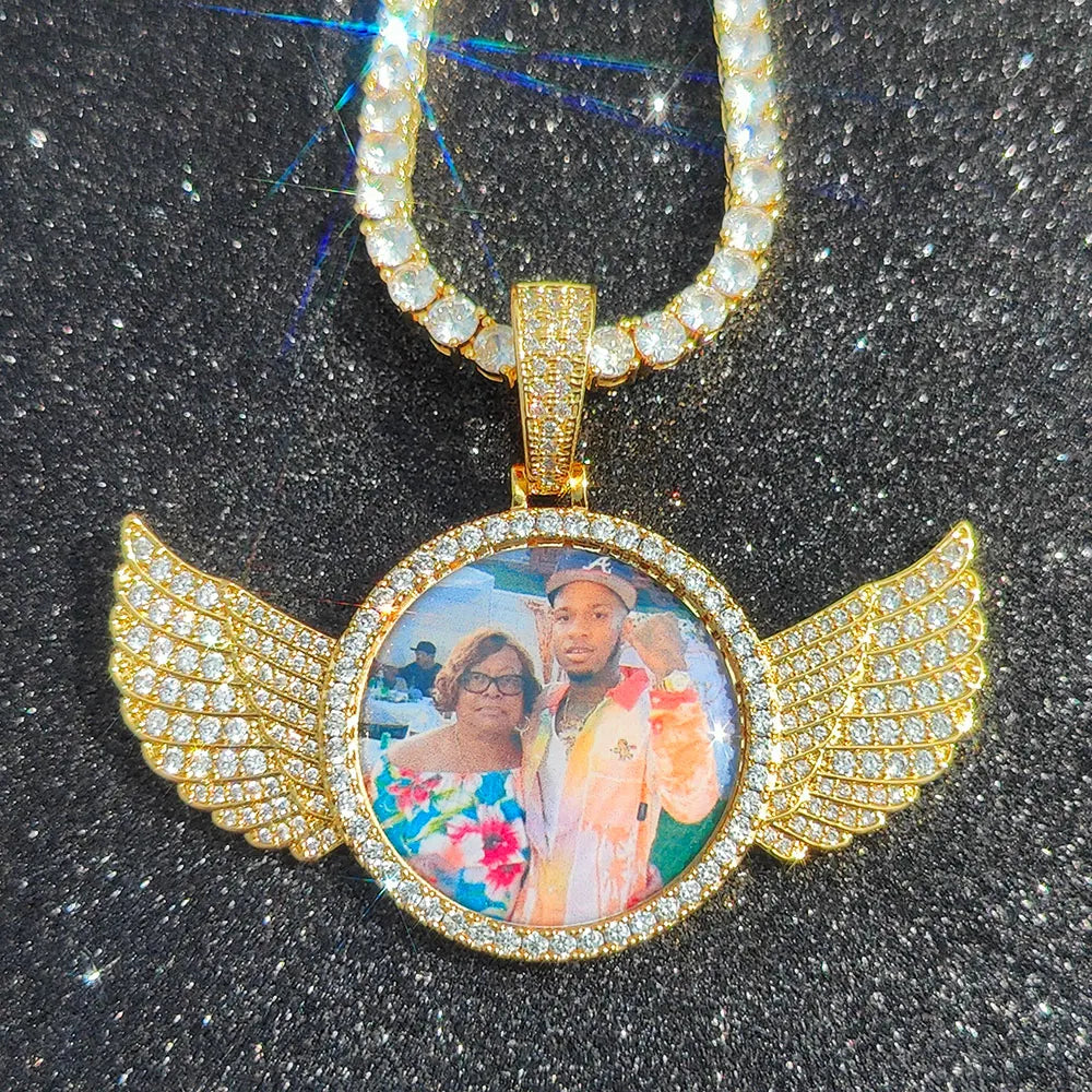Customized Angel Wing Round Memory  Personalized Picture Pendant Tennis Chain Necklace