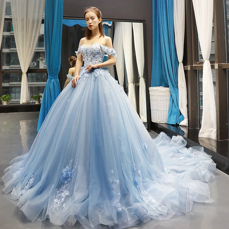 Vintage Quinceanera Off-the-Shoulder Shoulder Prom Dress Lace Floor-Length Evening Gown/Prom Dress w/ Small Train