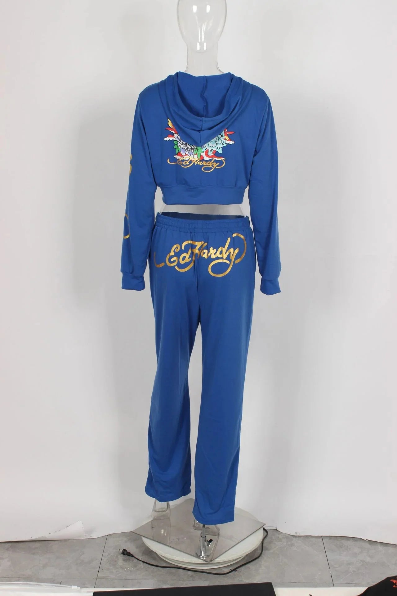 "Ed Hardy" Print Crop Zipper Hoodie Jacket + Drawstring Sweatpants Women's Tracksuit